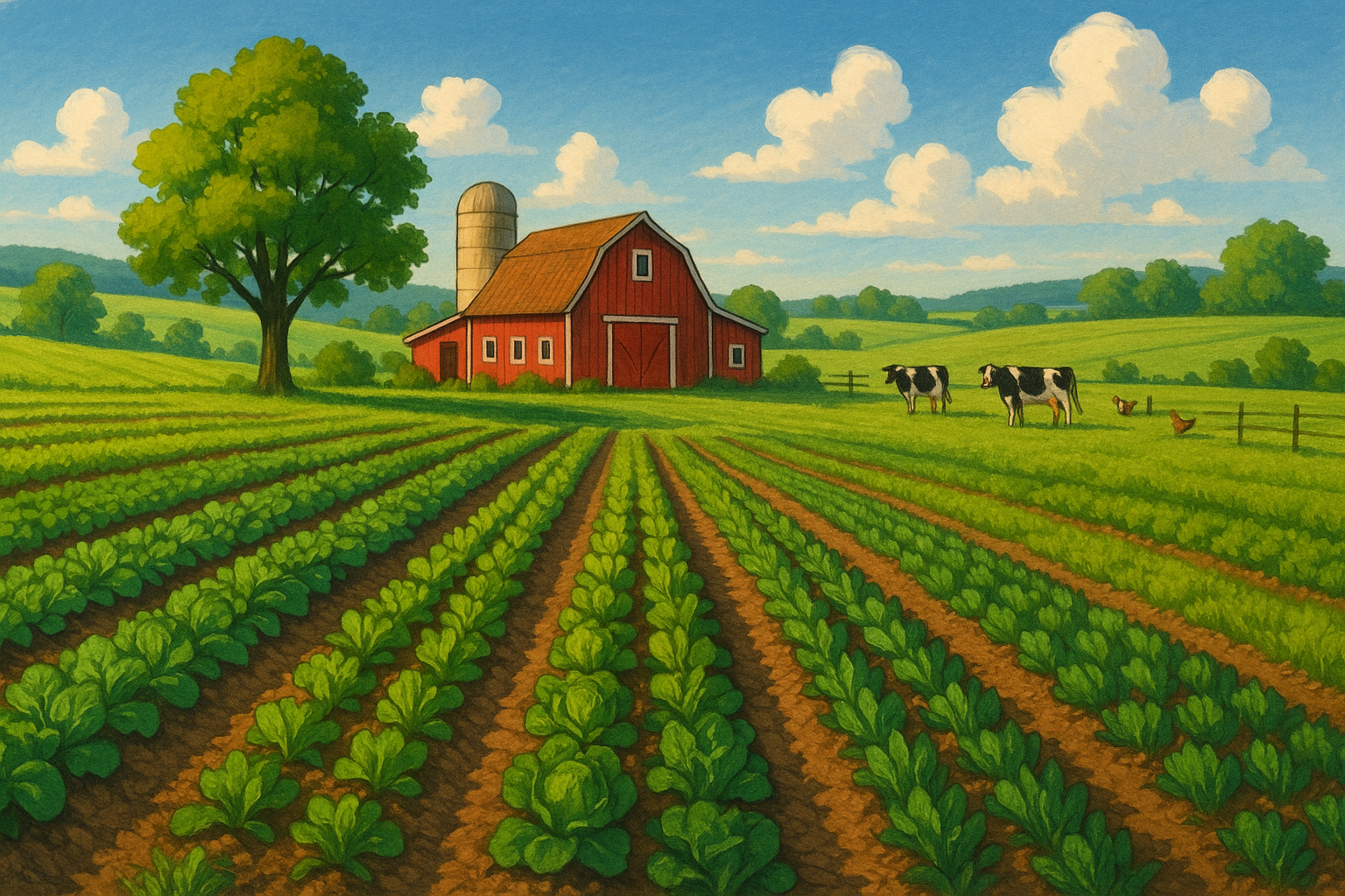 Farm scene with rolling green fields, red barn, crops, and blue sky