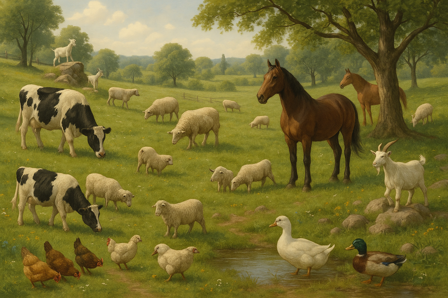 Natural farm animal scene with cows, chickens, sheep, goats, horses, and ducks in an organic pastoral setting without pigs